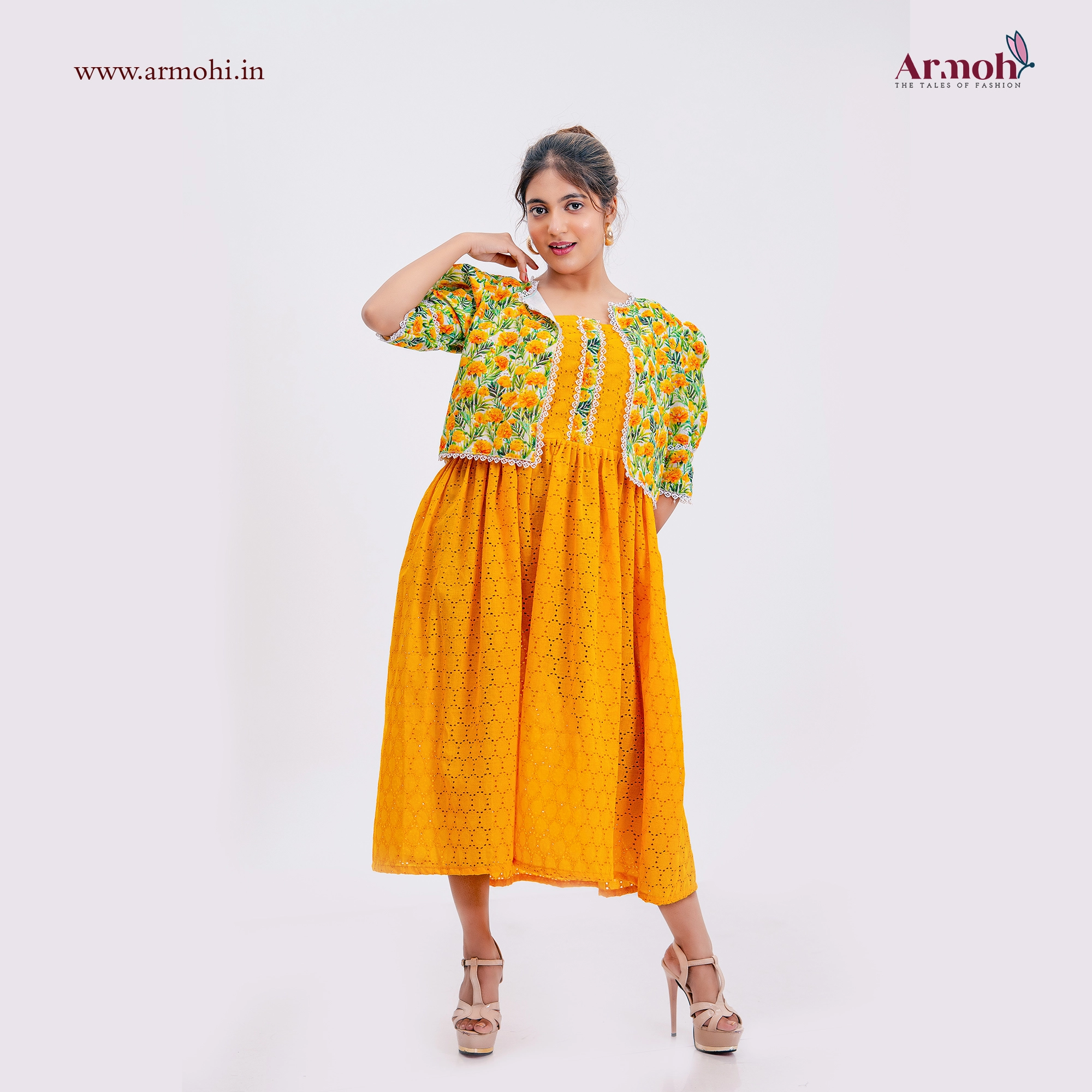 Floral Print Hand Block-Printed jacket with A-Line Dress 30